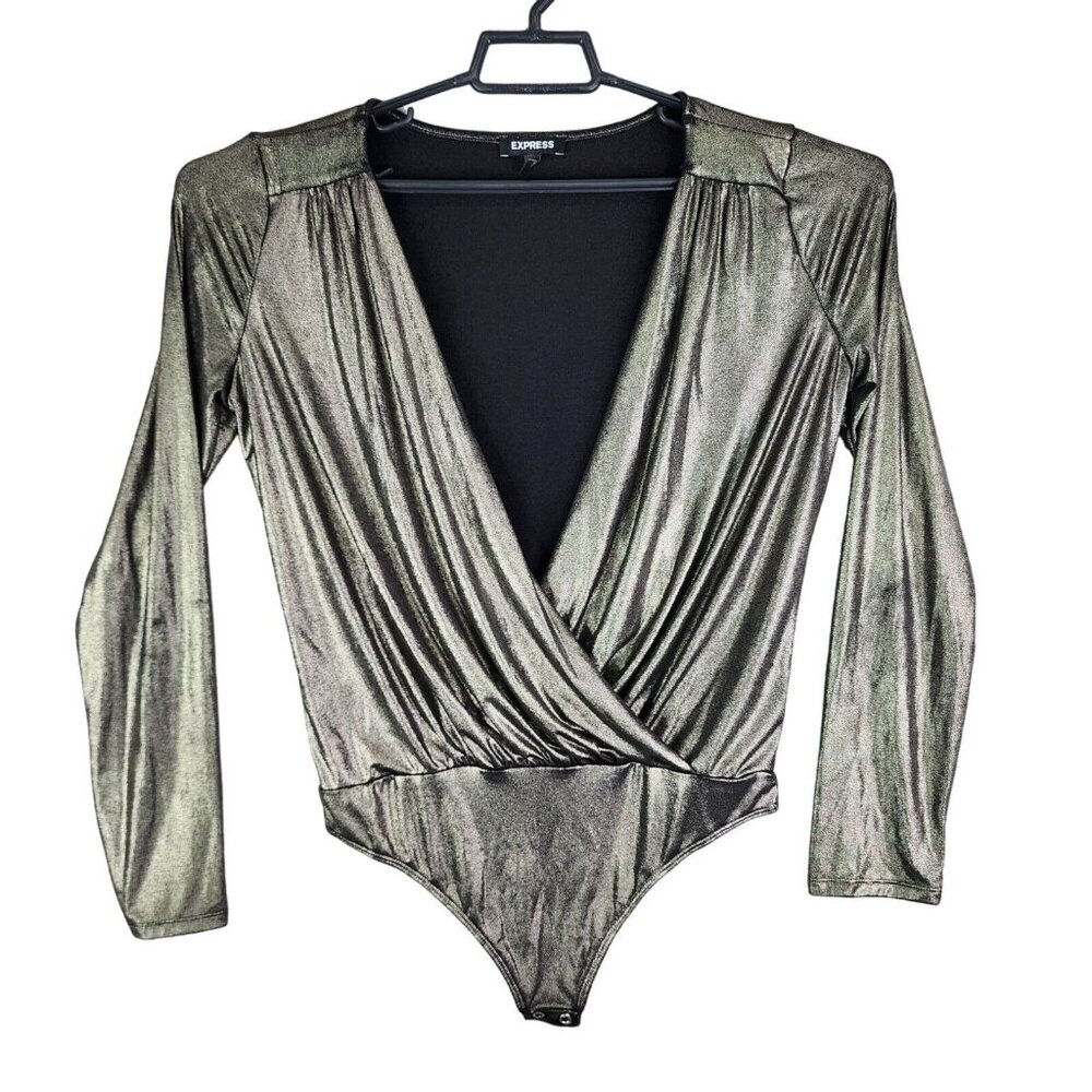 Womens Metallic Gold Express Faux Wrap Body Suit Long Sleeve Blouse Top Size M
